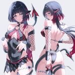  1girl absurdres animal_ears ass back black_hair blue_eyes breasts commentary_request covered_navel dagger fishnet_sleeves fishnets grey_background highleg highleg_one-piece_swimsuit highres holding holding_dagger holding_knife holding_weapon jane_doe_(nocturne_of_light)_(zenless_zone_zero) jane_doe_(zenless_zone_zero) knife large_breasts long_hair looking_at_viewer miniskirt miya-chan_(lightning0730) mouse_ears mouse_girl mouse_tail multicolored_hair multiple_views official_alternate_costume one-piece_swimsuit parted_lips red_hair simple_background skirt swimsuit tail two-tone_hair very_long_hair weapon zenless_zone_zero 