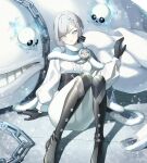  1girl absurdres akershus_fortress_(oshiro_project) badge black_boots black_corset black_gloves blue_cape blue_eyes bodysuit boots braid breasts cape center_frills chain commentary_request commission corset floating_skull frilled_shirt frills fur-trimmed_cape fur_trim gloves grey_hair hair_ornament hama_chon highres long_sleeves looking_at_viewer medium_breasts monster oshiro_project:re second-party_source shirt sitting skeb_commission solo swept_bangs thigh_boots thighs white_bodysuit white_shirt 