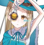  1girl aqua_capelet aqua_hat aqua_ribbon arm_up armpits belt_buckle blonde_hair blush book buckle capelet collared_shirt commentary_request dim_crescendo earrings eyelashes flask fur-trimmed_capelet fur_trim gakuen_idolmaster hat hat_belt holding holding_book holding_flask idolmaster jewelry liquid long_hair looking_at_viewer neck_ribbon nose_blush one_eye_covered orange_eyes parted_lips ribbon shinosawa_hiro shirt signature sleeveless sleeveless_shirt solo stud_earrings upper_body watermark white_shirt witch_hat 