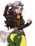  1boy 1girl ass blush blushyspicy bodysuit brown_hair clenched_hand commentary cowboy_shot curly_hair english_commentary gambit green_bodysuit green_eyes grey_hair long_hair marvel marvel_rivals multicolored_bodysuit multicolored_hair one_eye_closed parted_lips rogue_(x-men) simple_background smile solo_focus superhero_costume two-tone_bodysuit two-tone_hair white_background x-men yellow_bodysuit 