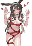  1girl :3 absurdres amiya_(arknights) animal_ear_fluff animal_ears arknights breasts brown_hair christmas commentary_request condom heart heart-shaped_pupils highres long_hair looking_at_viewer m-chai nude simple_background standing symbol-shaped_pupils white_background 