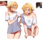  1boy absurdres animal_ears black_choker blonde_hair blue_eyes blush choker clenched_hand collarbone commentary cowboy_shot cropped_legs derivative_work english_commentary hair_between_eyes hair_intakes highres indie_virtual_youtuber leaning_forward maviss_03 medium_hair mouse_(animal) multiple_views off_shoulder open_mouth photo-referenced photo_inset reference_inset scar scar_on_face shiyorua_(vtuber) simple_background tongue tongue_out trap tsurime v-shaped_eyebrows virtual_youtuber white_background 