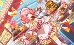  1girl apron burger cheese clothing_cutout colorful_palette donut dotabata_cafe_rec!!_(project_sekai) dress dutch_angle food french_fries frilled_dress frills game_cg grey_shoes hair_ornament hairclip heart highres holding holding_tray ketchup lettuce maid_headdress momoi_airi official_alternate_costume official_alternate_hairstyle official_art outline pink_eyes pink_hair project_sekai red_dress shoes shoulder_cutout solo star_(symbol) striped_clothes striped_dress thighhighs third-party_source tomato tray waist_apron white_apron white_dress white_thighhighs 