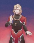  1boy black_tunic blonde_hair braid braided_ponytail capable_resist_7155 cloak cross cross_necklace evil_smile fate/grand_order fate_(series) glasses hair_between_eyes hands_up highres jewelry male_focus michael_roa_valdamjong necklace ponytail priest red_eyes sidelocks smile tarantella_(fate) tunic vampire 
