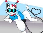 ambiguous_gender animal_genitalia animal_penis antennae_(anatomy) anthro balls black_balls black_sheath blue_penis blush bow_ribbon canine_genitalia canine_penis cybernetics cyborg digital_drawing_(artwork) digital_media_(artwork) domestic_cat felid feline feline_genitalia feline_penis felis feral genitals glowing glowing_genitalia glowing_penis gynomorph heart_symbol hikiwi intersex k-tee_(hikiwi) knot knotted_penis long_tail looking_at_viewer lying machine mammal on_back penile_spines penis plug robot screen screen_eyes screen_face sheath simple_background smile solo spread_legs spreading tail toony traditional_media_(artwork) white_body wire