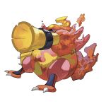  aiming arm_cannon claws colored_skin commentary_request fire full_body highres long_hair looking_afar magmortar multicolored_skin no_humans ookiitora128706 pokemon pokemon_(creature) pokemon_focus red_hair red_skin simple_background solo tail weapon yellow_skin 