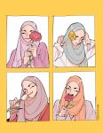  4girls aqua_hijab artist_name commentary_request flower highres hijab multiple_girls orange_hijab original pink_flower red_flower tulip white_flower white_tulip winchestermegg yellow_background 
