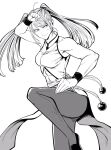 1girl abs ahoge breasts clenched_hand commentary_request fighting_stance greyscale highres lee_(dragon_garou) long_hair medium_breasts monochrome original pants sash sidelocks sleeveless smile solo standing standing_on_one_leg swept_bangs toned toned_female twintails v-shaped_eyebrows wristband 
