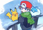  1boy amesuupu backpack bag baseball_cap black_bag black_jacket blue_pants blush brown_hair commentary_request denim dot_nose eating food_in_mouth green_scarf hat jacket jeans looking_back male_focus outdoors pants patterned_clothing pikachu pokemon pokemon_frlg railing red_(pokemon) red_hat scarf short_hair snow snowflakes snowing solo standing swablu watermark 