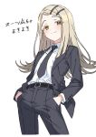  1girl belt belt_buckle black_belt black_jacket black_necktie black_pants black_suit blonde_hair blush buckle closed_mouth collared_shirt colored_eyelashes commentary_request cowboy_shot cropped_legs dress_shirt flipped_hair gakuen_idolmaster gradient_hair grey_hair hair_ornament hairclip hands_in_pockets highres idolmaster jacket kousuke0912 lapels long_hair looking_at_viewer multicolored_hair necktie open_clothes open_jacket orange_eyes pants parallel_hairclips parted_bangs shinosawa_hiro shirt shirt_tucked_in simple_background smile solo split_mouth standing suit suit_jacket translation_request white_background white_shirt 