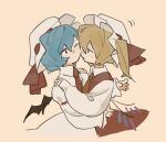  2girls ascot bat_wings black_eyes blonde_hair closed_mouth commentary_request crystal_wings dee_(tannsumi) dot_mouth face-to-face flandre_scarlet frilled_hat frills frown green_ascot hand_on_another's_shoulder hat hat_ribbon hug long_sleeves looking_at_another mob_cap motion_lines multiple_girls one_eye_closed one_side_up purple_hair red_ribbon red_skirt red_vest remilia_scarlet ribbon shirt short_hair simple_background skirt sleeves_past_wrists touhou vest white_hat white_shirt wings yellow_background 