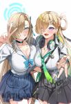  2girls absurdres asuna_(blue_archive) asuna_(school_uniform)_(blue_archive) black_nails black_skirt blonde_hair blue_archive blue_bow blue_bowtie blue_eyes blue_nails blue_ribbon blue_skirt blush bow bowtie braid braided_bangs breasts cleavage commentary crossover earrings english_commentary fingernails green_necktie hair_ornament hair_over_one_eye hair_ribbon halo halo_behind_head hand_up headphones headphones_around_neck highres id_card jewelry large_breasts long_fingernails long_fingers long_hair looking_at_viewer lynae_(wuthering_waves) multicolored_hair multiple_girls nail_polish nathoart necklace necktie official_alternate_costume one_eye_closed open_mouth purple_eyes ribbon shirt simple_background skirt skull_hair_ornament smile star_(symbol) star_earrings streaked_hair w white_background white_shirt wuthering_waves 