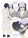  1boy 1girl alternate_costume aqua_eyes averting_eyes baseball_cap black_hair black_shoes blank_eyes blunt_bangs blunt_ends borrowed_clothes breasts cargo_shorts casual cleavage clenched_hand collarbone commentary contemporary english_commentary english_text eyelashes facing_another facing_down fang fingernails genshin_impact grey_hair grey_jacket groin hair_between_eyes halter_shirt halterneck hand_up hat head_on_another's_shoulder highres hug jacket jealous large_breasts long_hair looking_at_viewer looking_down mona_(genshin_impact) multicolored_hair oversized_jacket parted_lips peaked_cap pink_hat pink_shorts scaramouche_(genshin_impact) shirt shoes shorts sidelocks skin_fang sleeveless sleeveless_shirt sneakers socks speech_bubble streaked_hair swept_bangs tsurime twintails white_mouth white_shorts white_socks ysnden 