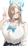  1girl asuna_(blue_archive) asuna_(school_uniform)_(blue_archive) blonde_hair blue_archive blue_bow blue_bowtie blue_eyes blue_halo blue_skirt blush bow bowtie breasts button_gap choker cleavage collarbone commentary_request grin hair_over_one_eye hair_ribbon halo highres large_breasts long_hair looking_at_viewer mole mole_on_breast ribbon shirota_(shirotadefu5) shirt skirt sleeves_rolled_up smile solo v very_long_hair white_shirt 