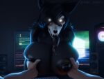 3d_(artwork) 4:3 ambiguous_gender anthro areola big_breasts black_hair blue_screen_of_death bone breasts canid canine digital_media_(artwork) duo english_text female first_person_view furry_ghosty glowing glowing_eyes hair hi_res huge_breasts human human_pov inside long_tongue malo mammal nipples pov_hands scp-1471-a scp-1471-a_(scrag) scp_foundation skull skull_head solo_focus text through_screen tongue tongue_out white_eyes