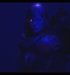  1girl absurdres adepta_sororitas armor artificial_eye blue_theme closed_mouth dark glowing glowing_eye highres igor_sid letterboxed looking_at_viewer mechanical_eye medium_hair nose power_armor realistic scar scar_on_face science_fiction serious single_mechanical_eye solo upper_body warhammer_40k 