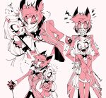  1boy 1girl alastor_(hazbin_hotel) behind_another cane charlie_morningstar cheek-to-cheek commentary_request evil_smile formal_clothes grabbing_another's_shoulder hazbin_hotel heads_together height_difference hellaverse holding holding_cane long_hair red_theme short_hair simple_background smile suit yoriko_(gheyori) 