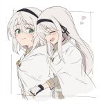  2girls amnesia_(majo_no_tabitabi) avilia_(majo_no_tabitabi) black_hairband blush cape cloak closed_eyes fingerless_gloves gloves green_eyes grey_hair hair_between_eyes hair_ribbon hairband heart hug hug_from_behind long_hair majo_no_tabitabi multiple_girls open_mouth ribbon shiroirosky short_hair smile white_background white_cape white_cloak white_hair yuri 