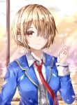  1girl absurdres ayaro_(genkiloobaii) blonde_hair blue_jacket closed_mouth collared_shirt commentary day eyelashes hair_ornament hair_over_one_eye hairclip hand_up heaven_burns_red highres jacket kayamori_ruka long_sleeves looking_at_viewer necktie ocean one_eye_covered outdoors parallel_hairclips red_eyes red_necktie shirt short_hair smile solo split_mouth upper_body waving white_shirt 