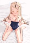  1girl absurdres bed_sheet blonde_hair blue_one-piece_swimsuit blush breasts clothes_pull collarbone colored_eyelashes commentary_request covered_navel covered_pussy flipped_hair full_body gakuen_idolmaster gradient_hair grey_hair hair_ornament hairclip hands_up highleg highleg_one-piece_swimsuit highres idolmaster kinako_mochi long_hair looking_at_viewer multicolored_hair one-piece_swimsuit one-piece_swimsuit_pull open_mouth orange_eyes parallel_hairclips pulling_own_clothes shinosawa_hiro sitting small_breasts smile solo swept_bangs swimsuit wariza 