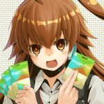  +_+ 1girl absurdres ahoge black_vest blush_stickers brown_eyes brown_hair card close-up duel_masters duel_masters_play's gift_card google_play headset highres holding holding_card huge_ahoge kokko_rupiko long_hair looking_at_viewer open_mouth pompomblink shirt solo upper_body vest white_shirt 