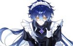  1boy apron black_gloves blue_hair closed_mouth commentary_request crossed_bangs flins_(genshin_impact) genshin_impact gloves hand_up highres kuro774_n long_hair looking_at_viewer maid_apron maid_headdress male_focus solo unfinished white_background yellow_eyes 