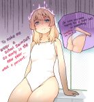  1girl absurdres annoyed aqua_eyes aura bare_shoulders blonde_hair breasts bridget_(guilty_gear) chain-link_fence closed_mouth collarbone fence guilty_gear guilty_gear_strive highres long_hair looking_at_viewer one-piece_swimsuit outdoors school_swimsuit sidelocks sitting small_breasts solo speech_bubble straight_hair sugajyun swimsuit white_one-piece_swimsuit 