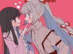  2girls blush bow brown_hair collared_shirt commentary_request eye_contact frilled_shirt_collar frilled_sleeves frills fujiwara_no_mokou grey_hair grey_shirt hair_bow hand_on_another's_face highres houraisan_kaguya long_hair long_sleeves looking_at_another multiple_girls multiple_hair_bows open_mouth pants pink_shirt ponytail red_eyes red_pants shirt smile suspenders sweatdrop tamiko_(tamik0224) touhou very_long_hair wide_sleeves yuri 