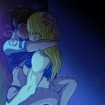  2girls after_kiss against_wall biceps blonde_hair blush body_freckles breasts brown_hair clothes_lift commentary freckles hand_on_another's_head hug kajira leg_lock lifting_person metroid metroid_prime_4:_beyond multiple_girls muscular muscular_female nora_armstrong panties saliva saliva_trail samus_aran shirt_lift short_hair sideboob sweat underwear very_sweaty yuri 