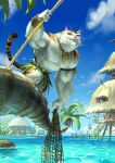 anthro chawai clothed clothing cloud day detailed_background digital_media_(artwork) domestic_cat felid feline felis fur hi_res holding_net holding_object holding_staff male mammal muscular muscular_male outside palm_tree paul_mafayon plant rock smile solo staff tail topless topless_male tree water whiskers white_body white_fur