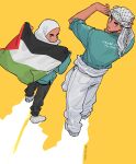  1boy 1girl aqua_shirt black_pants commentary dark-skinned_female dark-skinned_male dark_skin english_commentary flag highres hijab holding holding_flag keffiyeh looking_back original palestine palestinian_flag pants shadow shirt shoes simple_background white_hijab white_pants white_shoes winchestermegg yellow_background 