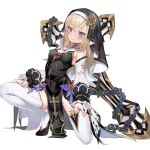  1girl bare_shoulders black_dress black_veil blonde_hair blue_eyes blush boshi_(a-ieba) breasts celestine_(letmebid) chain closed_mouth commentary_request commission cross-shaped_pupils detached_sleeves dress gem gold_trim hand_tattoo highres long_hair long_sleeves looking_at_viewer medium_breasts neck_tattoo nun nun_headdress original pelvic_curtain puffy_long_sleeves puffy_sleeves red_gem simple_background skeb_commission solo squatting symbol-shaped_pupils tattoo thighhighs veil weapon white_background white_thighhighs 