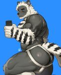 2026 absurd_res anthro art_uza bear beard big_muscles biped black_body black_eyes black_fur blue_sclera bodily_fluids clothed clothing electronics facial_hair fur hair hi_res holding_object holding_phone jockstrap jockstrap_only male mammal muscular muscular_anthro muscular_male one_eye_closed phone solo sweat sweatdrop topless underwear underwear_only white_beard white_body white_clothing white_facial_hair white_fur white_hair white_jockstrap white_underwear