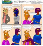 absurd_res ada_(gem_hunters) alfonso_(gem_hunters) anthro background_character baristagamerproductions bottomwear canid canine canis clothing comic denim denim_bottomwear denim_clothing dialogue dingo earpiece_microphone felid feline group hi_res jacket jeans keikogi lagomorph leporid long_sleeve_shirt mammal martial_arts_uniform necktie pants phoebe_(gem_hunters) rabbit reptile scalie simple_background snake sportswear topwear worldbuilding