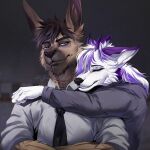 1:1 2025 anthro artist_name black_necktie black_nose blue_eyes brown_body brown_fur brown_hair brown_nose canid canine cheek_tuft chin_tuft clothed clothing dated duo ears_back eyes_closed facial_tuft female female_anthro front_view fur glistening glistening_eyes grey_clothing grey_topwear hair hi_res hug hugging_another hugging_from_behind kangaroo macropod male male_anthro mammal marsupial mouth_closed multicolored_hair narrowed_eyes necktie pivoted_ears pupils purple_hair santanahoffman short_hair slit_pupils text topwear tuft two_tone_hair white_body white_clothing white_fur white_hair white_topwear
