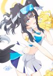  1girl absurdres animal_ears artist_logo artist_name black_hair blue_archive blue_eyes blush breasts cheerleader commentary_request dog_ears dog_girl dog_tail goggles goggles_on_head halo hibiki_(blue_archive) hibiki_(cheer_squad)_(blue_archive) highres holding holding_pom_poms logo long_hair looking_at_viewer mashi_stkt millennium_cheerleader_outfit_(blue_archive) navel official_alternate_costume open_mouth pom_pom_(cheerleading) simple_background skirt solo star_(symbol) star_sticker sticker sticker_on_arm tail white_background yellow_halo 