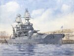  atelier_bono battleship cannon commentary_request harbor highres mast military_vehicle no_humans ocean original outdoors painting_(medium) ship ship_turret smokestack traditional_media united_states_navy uss_pennsylvania_(bb-38) vehicle_focus warship watercolor_(medium) watercraft 