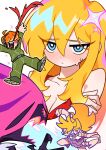  1boy 2girls absurdres ahoge bare_shoulders blonde_hair blood blue_eyes blush breasts brief_(psg) cleavage collarbone dress embarrassed excessive_nosebleed freckles green_jumpsuit hair_between_eyes hair_ornament hair_over_eyes hashtag-only_commentary headphones highres jumpsuit monster multiple_girls multiple_views nosebleed orange_hair panty_&amp;_stocking_with_garterbelt panty_(psg) pink_hair red_dress shy_panty_(psg) sleeveless sleeveless_dress small_breasts star_(symbol) star_hair_ornament stocking_(psg) white_background yuateheng 