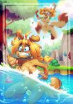 2025 5_fingers anthro bangs blonde_hair blue_eyes blush bodily_fluids bottomless bottomless_anthro bottomless_female breasts brown_body brown_fur canid canine canis censored clenched_teeth clothed clothing cloud colored convenient_censorship detailed detailed_background digital_drawing_(artwork) digital_media_(artwork) domestic_cat domestic_dog duo felid feline felis female female_anthro fingers forest fur green_eyes hair heart_symbol hi_res jumping lake las_lindas mammal nude nude_anthro nude_female open_mouth outside pigtails plant pose sarah_silkie shaded shocked shrub smile sun sunny_cooper surprised sweat sweatdrop teeth topless topless_anthro topless_female tree vaporotem water