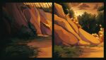  black_border border commentary english_commentary grass highres nature nifty-senpai no_humans outdoors painterly rock scenery sunrise tree warm_colored warrior_cats 