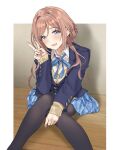  1girl black_pantyhose blazer blue_eyes blue_jacket blue_ribbon blue_skirt blush border brown_hair commentary_request feet_out_of_frame fingernails gakuen_idolmaster hamedoragon hatsuboshi_gakuen_school_uniform himesaki_rinami idolmaster jacket knees_up long_hair long_sleeves looking_at_viewer neck_ribbon on_floor pantyhose revision ribbon school_uniform shirt sitting skirt smile solo sweater v white_border white_shirt yellow_sweater 