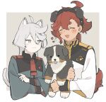  2boys ahoge animal asticassia_school_uniform bad_id bad_twitter_id black_hairband border cat_girl cat_tail closed_eyes closed_mouth dog dog_girl dog_tail extra_ears grey_eyes grey_hair gundam gundam_suisei_no_majo hairband hamu_(hamusand) heart highres holding holding_animal kemonomimi_mode long_hair long_sleeves looking_at_another miorine_rembran multiple_boys open_mouth outside_border red_hair school_uniform simple_background smile suletta_mercury tail thick_eyebrows tongue tongue_out upper_body white_border 
