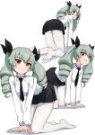  1girl all_fours anchovy_(girls_und_panzer) anzio_school_uniform blush breasts buchikaki closed_mouth commentary_request drill_hair girls_und_panzer green_hair hair_ribbon highres long_hair looking_at_viewer miniskirt multiple_views pantyhose red_eyes ribbon school_uniform simple_background skirt small_breasts smile twin_drills twintails white_background white_pantyhose 