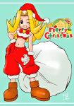  1girl astra_super_stars bandeau bare_shoulders blonde_hair blue_background bow bowtie brown_shoes christmas commentary_request darumatensi fewer_digits full_body fur-trimmed_gloves fur-trimmed_headwear fur-trimmed_pants fur_trim gloves hand_on_own_hip hat holding holding_sack long_hair looking_at_viewer merry_christmas midriff navel one_eye_closed open_mouth pants puffy_pants red_bandeau red_bow red_bowtie red_gloves red_pants rouge_(astra_super_stars) sack santa_costume santa_hat shoes signature smile solo standing star_(symbol) 