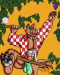 2021 3_toes 4_fingers abs aesop's_fables anthro artist_logo big_bulge black_pawpads bow_tie brown_body brown_fur bulge canid canine checkered checkered_clothing checkered_shirt checkered_topwear claws climbing_tree clothed clothing countershading detailed_bulge digital_drawing_(artwork) digital_media_(artwork) feet fingers food fox fruit fruit_tree fur genital_outline grape green_clothing green_jockstrap green_underwear hi_res holding_branch jockstrap licking licking_lips licking_own_lips logo male mammal mcfox_(monica's_gang) monica's_gang muscular muscular_anthro muscular_male open_clothing open_shirt open_topwear orange_background pattern_clothing pattern_shirt pattern_topwear pawpads penis_outline plant polka_dot_bow_tie portuguese_description reaching_for_object reflection_in_eyes shirt simple_background solo tail tail_motion tailwag the_fox_and_the_grapes toe_claws toes tongue tongue_out topwear tree tremble_lines underwear vektorthedrakat(artist) white_body white_countershading yellow_bow_tie