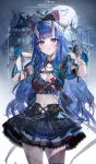  1girl absurdres bat_(animal) blood blue_eyes blue_flower blue_hair blue_rose breasts commercial demon_girl demon_horns flower highres horns house long_hair looking_at_viewer moon muaooooo original rose tree 