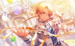  1boy balloon belt blonde_hair closed_mouth coat colorful_palette crown flower game_cg grey_belt heart_balloon highres male_focus official_alternate_costume official_alternate_hairstyle official_art orange_eyes orange_hair petals project_sekai purple_flower scramble_fan_festa!_(project_sekai) smile solo sparkle tenma_tsukasa third-party_source white_coat white_flower 