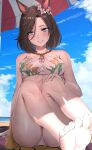  1girl air_groove_(seaside_bloom)_(umamusume) air_groove_(umamusume) animal_ears bead_bracelet beads bikini blue_eyes blue_sky bracelet breasts brown_hair cleavage collarbone commentary_request commission day ear_flower feet floral_print floral_print_bikini flower hair_between_eyes hair_flower hair_ornament hand_on_own_knee horse_ears horse_girl horse_tail jewelry looking_at_viewer medium_breasts medium_hair necklace o-ring o-ring_top outdoors parasol parted_lips print_bikini skeb_commission sky soles solo swimsuit tail take978733141 thighs toes umamusume umbrella white_bikini white_flower 