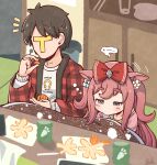  1boy 1girl agnes_digital_(umamusume) animal_ears black_hair blue_eyes blush bow clothes_writing commentary_request cup food fruit hair_bow haori highres horse_ears horse_girl horseshoe_print indoors japanese_clothes kotatsu long_hair long_sleeves mandarin_orange notice_lines orange_peel pink_hair pink_shirt print_sweater rakugakiraid red_bow shirt short_hair signature sitting speech_bubble squeans sweater t-head_trainer_(umamusume) table trainer_(umamusume) two_side_up umamusume upper_body white_sweater yurie_mouth 