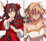  2girls ^^^ ahoge archetype_earth arcueid_brunestud arima_miyako bare_shoulders black_hair blonde_hair bow breasts bright_pupils chinese_clothes cleavage collarbone commentary english_commentary enmaided ezekquel green_eyes highres jujutsu_kaisen large_breasts long_hair long_sleeves maid melty_blood melty_blood:_type_lumina multiple_girls parody red_bow red_eyes red_shirt scene_reference shirt smile split_screen tsukihime white_pupils 